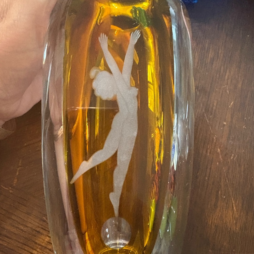 Artistic Glass Vase with Etched Figure Bohemian Crystal Glass Etching vintage